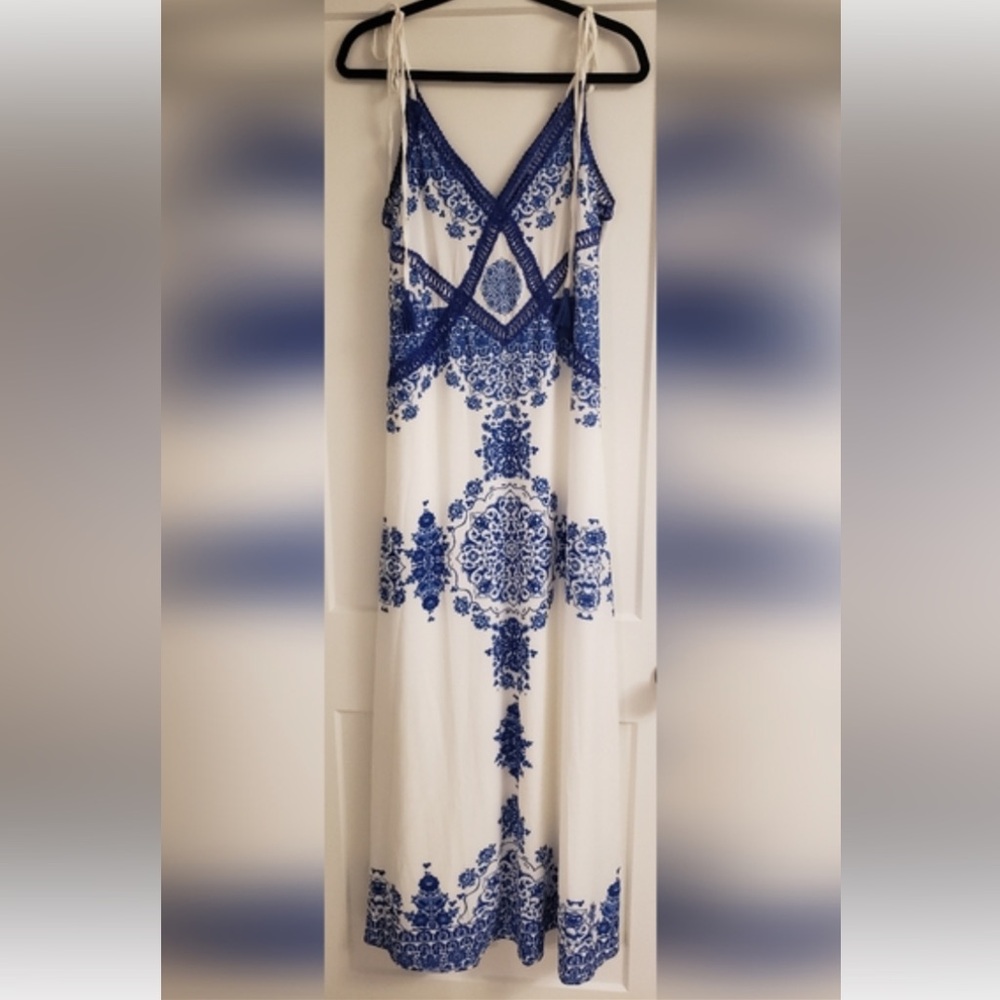 Blue and White Printed Maxi Dress - Women Accessories